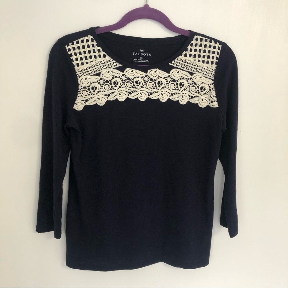 TALBOTS Women’s Navy with White Lace 3/4 Sleeve Tees Size XS